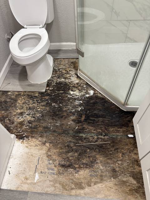 Bathroom before: rotted, water-damaged floor beside the shower